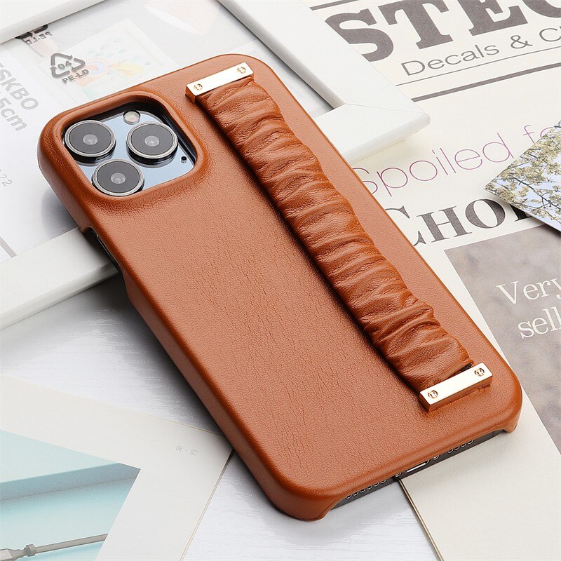 Brown iPhone case good with wrist strap